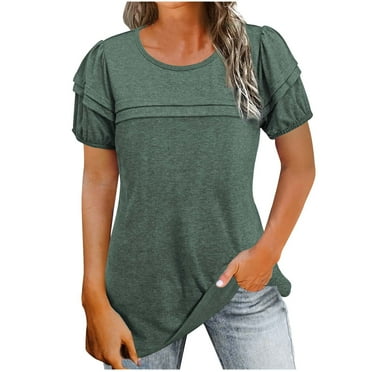 Womens Tops Plus Size Women's Casual Solid Round Neck Pullover Short Sleeved Top