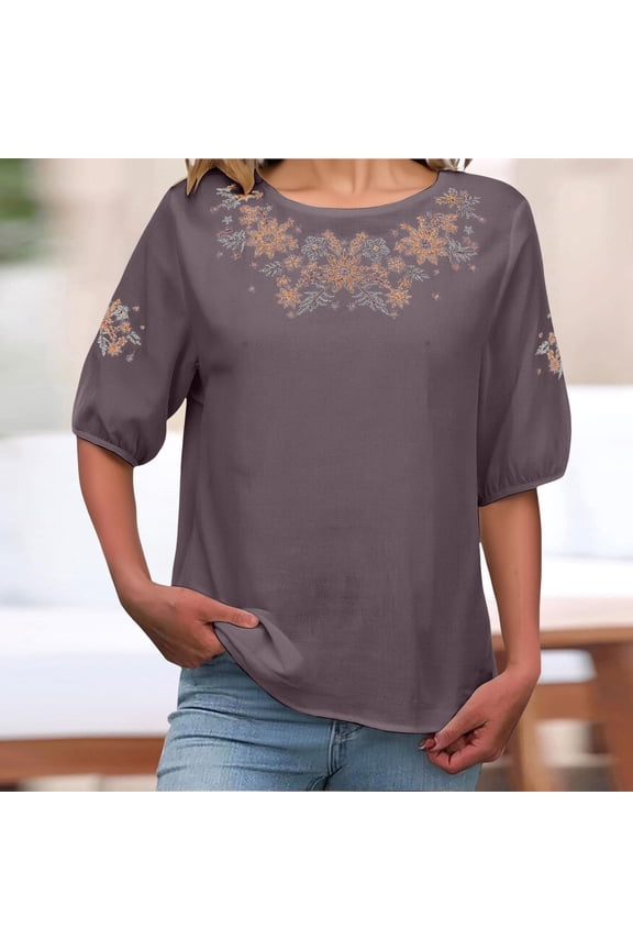 Womens Tops Plus Size Women's Cotton And Linen V Neck Retro Embroidered Loose Casual Top