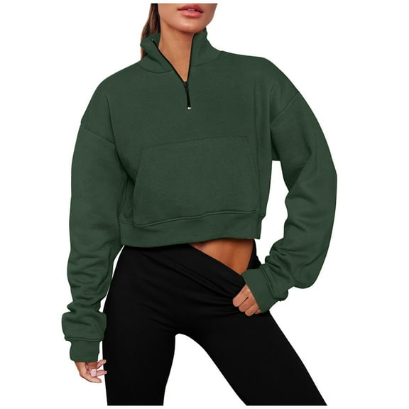 Womens Tops Plus Size Women's Long Sleeve Casual Lapel Pullover Half Zip Sweatshirts Cropped Sweatshirts With Pocket