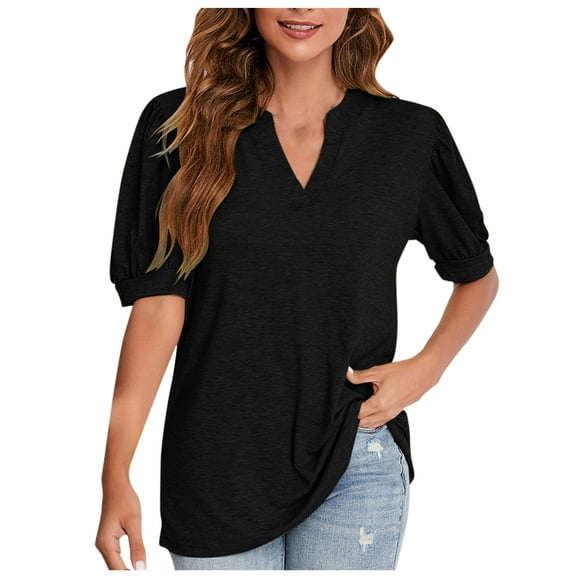 Womens Tops Plus Size Women's Solid V-neck Solid Bubble Sleeve Loose T-shirt Women's Top Short Sleeve V-neck Top/Shirt