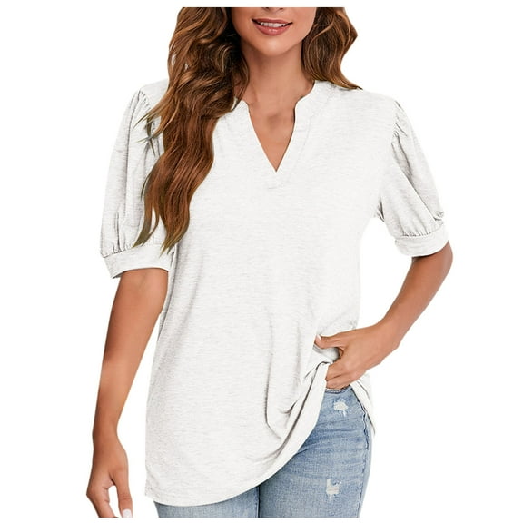 Womens Tops Plus Size Women's Solid V-neck Solid Bubble Sleeve Loose T-shirt Women's Top Short Sleeve V-neck Top/Shirt