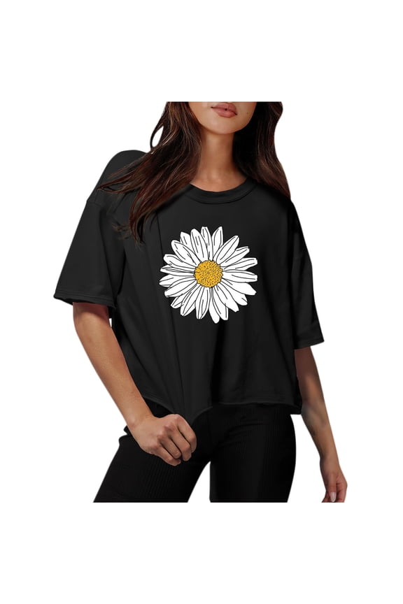 Womens Tops Plus Size Workout Crop Half Sleeve Crewneck Drop Shoulder Print T Shirts Summer Fall Casual Loose Solid Basic Tees Blouse,Black 1,XL