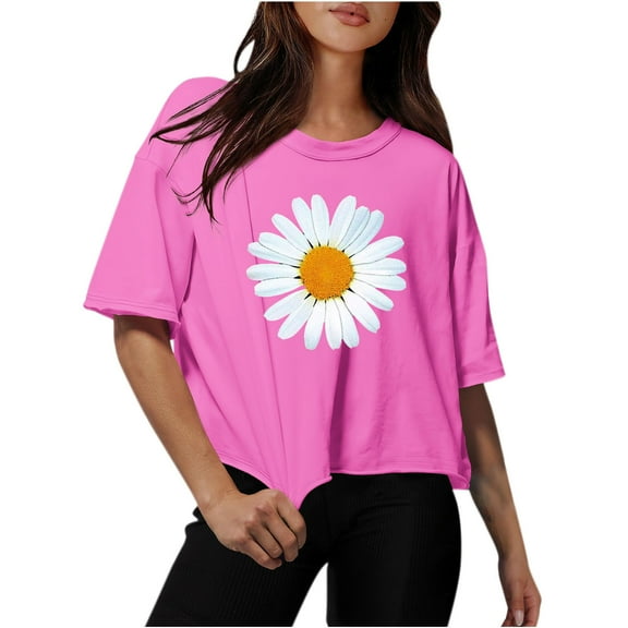 Womens Tops Plus Size Workout Crop Half Sleeve Crewneck Drop Shoulder Print T Shirts Summer Fall Casual Loose Solid Basic Tees Blouse,Hot Pink 2,3XL