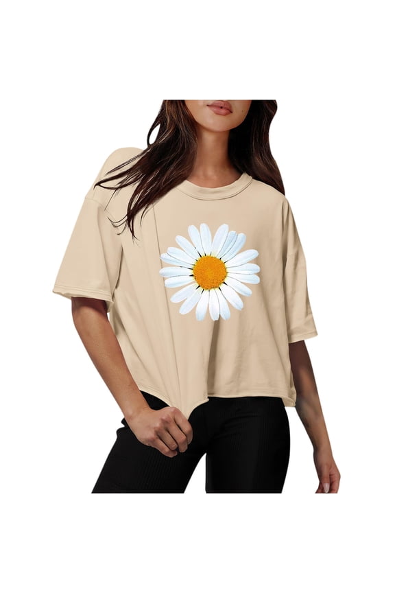 Womens Tops Plus Size Workout Crop Half Sleeve Crewneck Drop Shoulder Print T Shirts Summer Fall Casual Loose Solid Basic Tees Blouse,Khaki 2,L