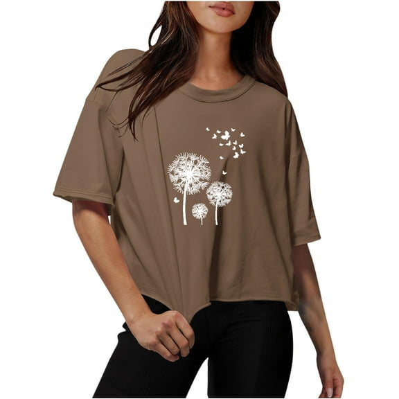 Womens Tops Plus Size Workout Crop Half Sleeve Crewneck Drop Shoulder Print T Shirts Summer Fall Casual Solid Basic Tees Blouse,Brown 3,M