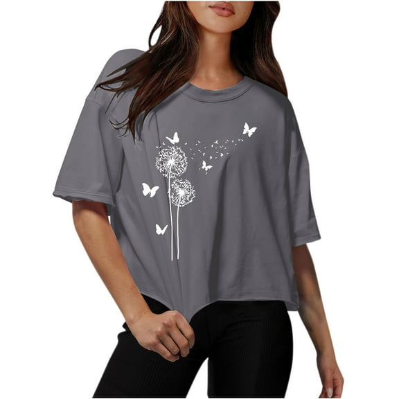 Womens Tops Plus Size Workout Crop Half Sleeve Crewneck Drop Shoulder Print T Shirts Summer Fall Casual Solid Basic Tees Blouse,Dark Gray 2,3XL