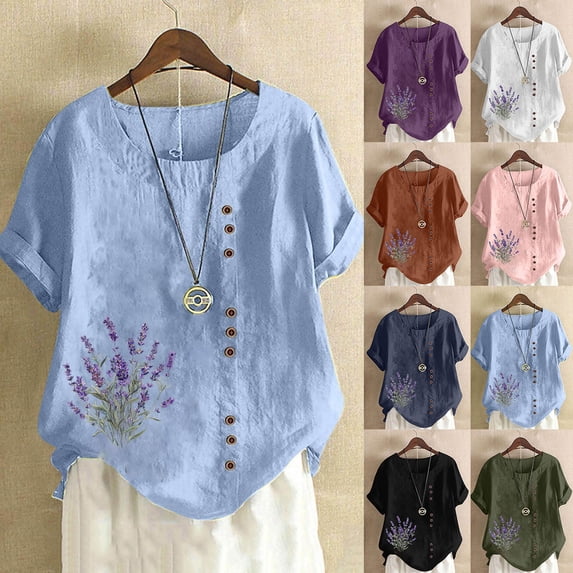 Womens Tops Plus Size, Xunlbb Women Casual And Linen Round-Neck Top Printed Short Sleeve Button T-shirt Blouse ,Women's Tops for Workout/Running/Hawaiian Beach Vacation Army Green