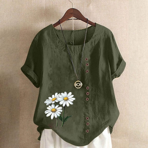 Womens Tops Plus Size, Xunlbb Women Fashion Casual Linen Top Printed Short Sleeve Button T-shirt Blouse Top ,Women's Tops for Workout/Running/Hawaiian Beach Vacation Army Green