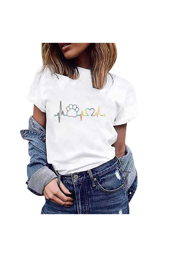 Womens Tops Plus Size terra sky Round-Neck Printed Loose Short Sleeve Casual Blouse White S