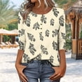 thumbnail image 1 of Womens Tops Plus Size under $10 3/4 Sleeve Button Printed T-shirt Casual Loose Top Beige XXL, 1 of 6