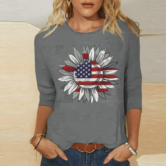 Womens Tops Plus Size under $10 3/4 Sleeve Crewneck Independence Day Tees Casual Loose T Shirt Multicolor XXL