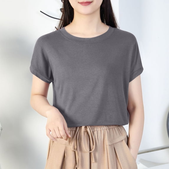 Womens Tops Plus Size under $10 Short Sleeve Round-Neck Casual Oversize Solid Color T-shirt Gray XXL