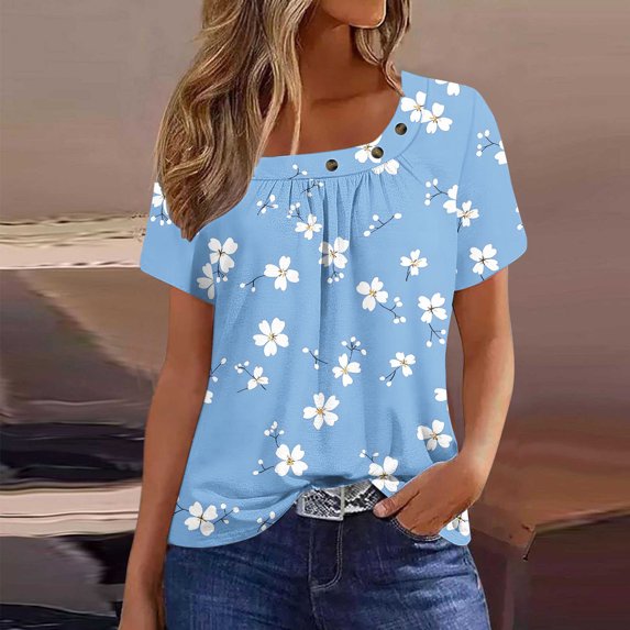 Womens Tops Plus Size under $10 Short Sleeved Square Collar Pleated Printed T-shirt Light Blue XXL