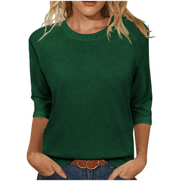 Womens Tops Plus Size under $5 3/4 Sleeve Round Neck Solid Color Casual T-shirt Green S