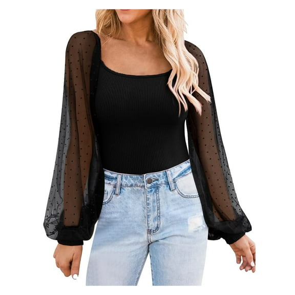 Womens Tops Polka Dot Chiffon Patchwork Puff Sleeve Sexy Slim Trendy Tops