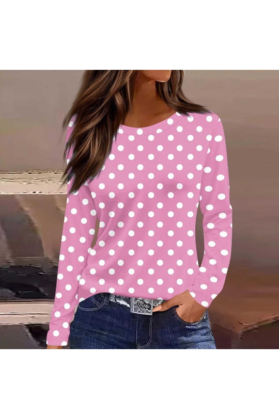 Womens Tops Polka Dot Printed Fall Tops for Women Round Neck Weekend Style Lightweight Soft Comfort Wear Womens Blouses