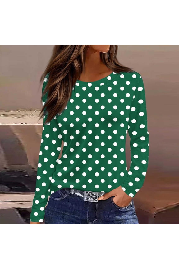 Womens Tops Polka Dot Printed Fall Tops for Women Round Neck Weekend Style Lightweight Soft Comfort Wear Womens Blouses