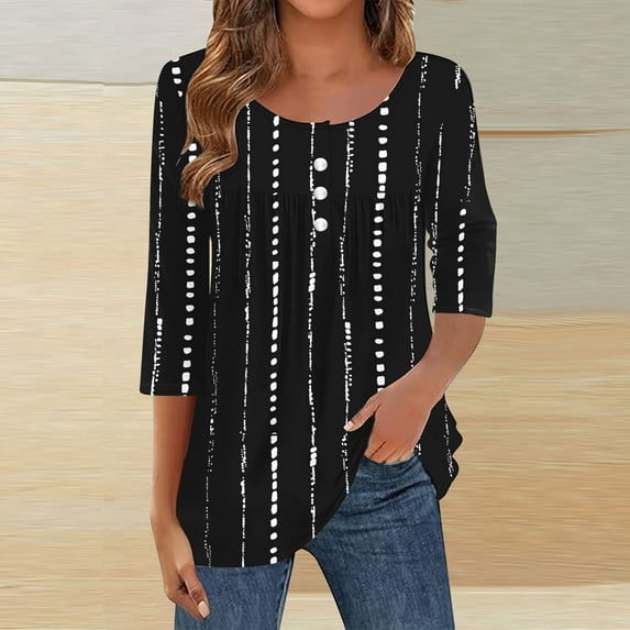 Womens Tops Printed 3/4 Sleeve Button Round-Neck Blouses Casual T-shirt Tops Black M,Tops for Women