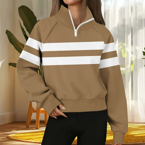 Womens Tops Printed Long Sleeve Turdown Collar Zipper Round Neck Hoodless Sweatshirts Loose Sweatshirts,Blouse for Women Khaki M