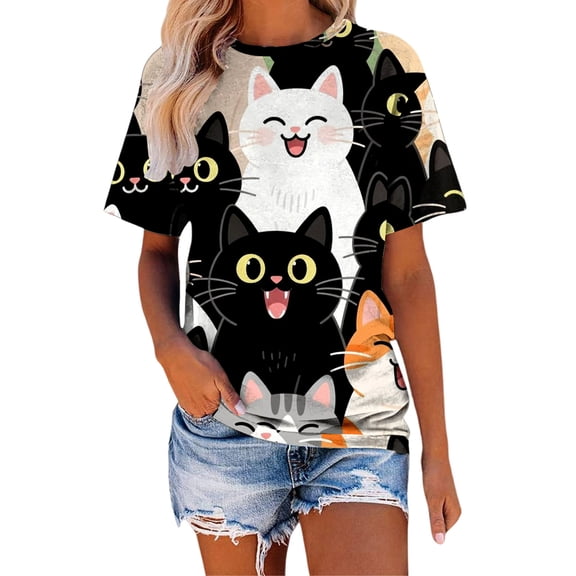 Womens Tops Printed Round Neck Short Sleeve Casual Summer Basic Trendy Tops