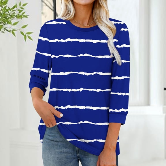 Womens Tops Printed T-shirt 3/4 Sleeves Blouse Round Neck Casual Top,Tops for Women Blue