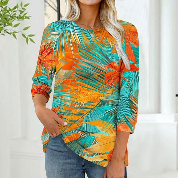 Womens Tops Printed T-shirt 3/4 Sleeves Blouse Round Neck Casual Top,Tops for Women Green