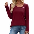 thumbnail image 1 of Womens Tops Printed V-Neck Long Sleeve Casual T-shirt Button Tops,Tops for Women Wine, 1 of 6