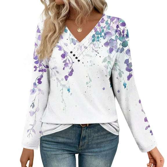 Womens Tops Printed V-Neck Pullover Long Sleeve Casual Button Top,Tops for Women Light blue