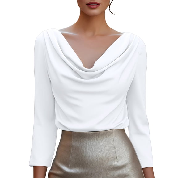 Womens Tops, Prolriy Women's Elegant Cowl Neck Satin Blouse with Bell Sleeves and Drop Shoulder Shirts for Women White L