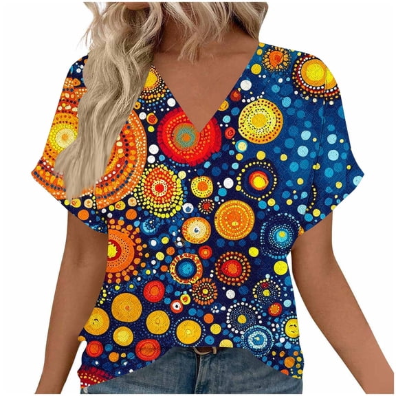 Womens Tops Puff Short Sleeve Shirts Dressy Casual V-Neck Summer Tops Pleated T-Shirts Loose Fit Tunic Blouses