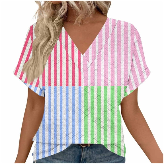 Womens Tops Puff Short Sleeve Shirts Dressy Casual V-Neck Summer Tops Pleated T-Shirts Loose Fit Tunic Blouses