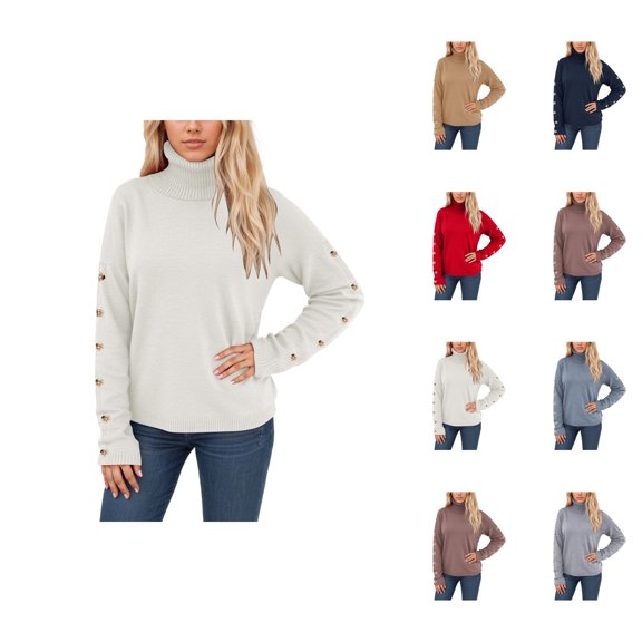 Womens Tops Pullover Hoodie Casual Oversized Knit Sweaters Trendy Cozy Fall Clothing Women's Winter Sweater High Neck Button Comfortable Warm Soft Loose Fit Long Sleeve For And Season
