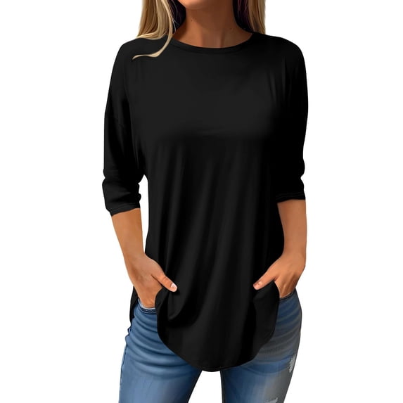 Womens Tops Pure Color Fashionable Casual Round Neck and 3/4 Sleeve Top