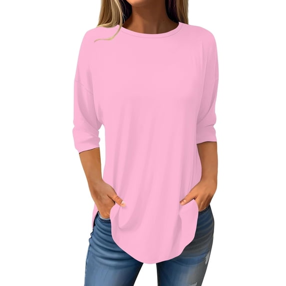 Womens Tops Pure Color Fashionable Casual Round Neck and 3/4 Sleeve Top