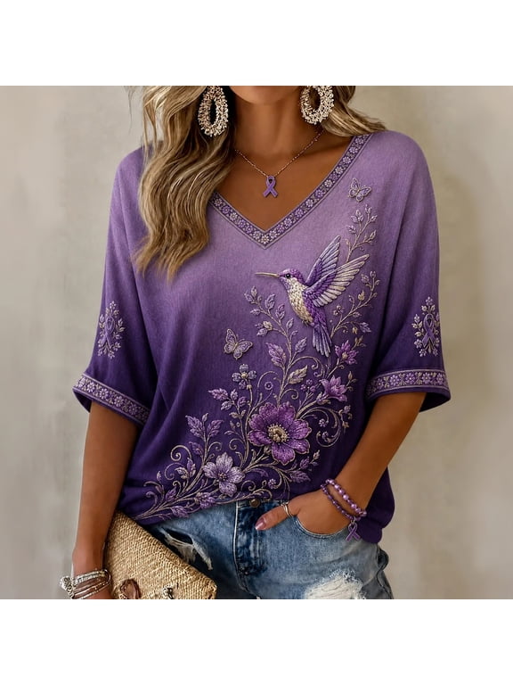Womens Tops Purple Ribbon Alzheimer'S Awareness Support 3/4 Length Sleeve T-Shirts Soft Alzheimers Shirts