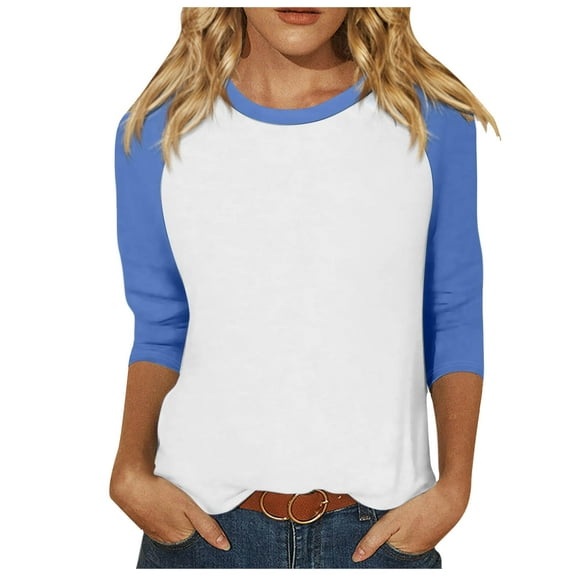 Womens Tops Raglan 3/4 Sleeve Button Up V-Neck Color Block Pullover T-Shirts Lightweight Casual Trendy Loose Fit Basic Blouses