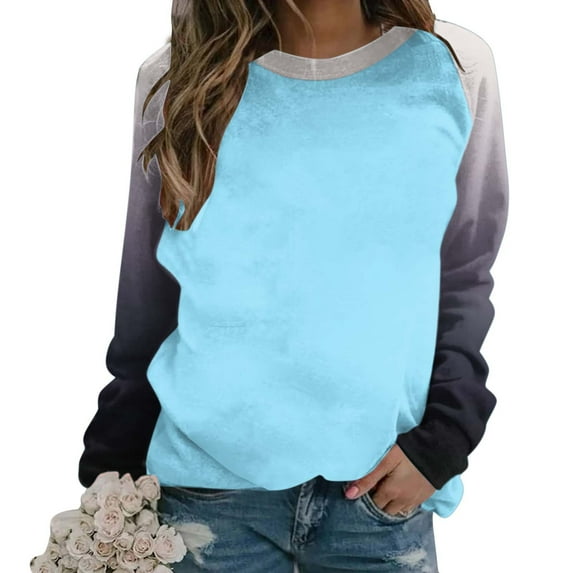 Womens Tops Raglan Long Sleeve Gradient Colorblock Crew Neck Loose Sweatshirt Womens Fall Fashion 2025 (2XL, Blue)