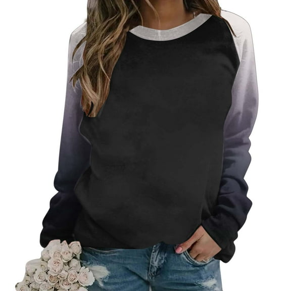 Womens Tops Raglan Long Sleeve Gradient Colorblock Crew Neck Loose Sweatshirt Womens Fall Fashion 2025 (3XL, Black)