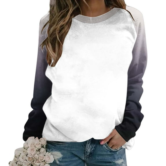 Womens Tops Raglan Long Sleeve Gradient Colorblock Crew Neck Loose Sweatshirt Womens Fall Fashion 2025 (XL, White)