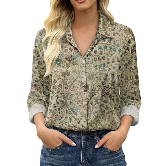 Womens Tops Retro Floral Print Long Sleeve Satin Shirt Spring Summer Shirts for Women Beige L