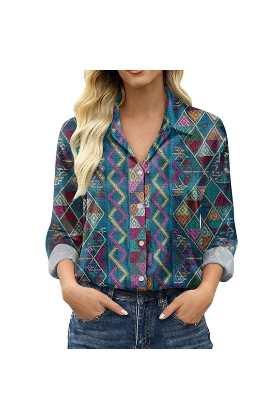 Womens Tops Retro Floral Print Long Sleeve Satin Shirt Spring Summer Shirts for Women Blue 4Xl
