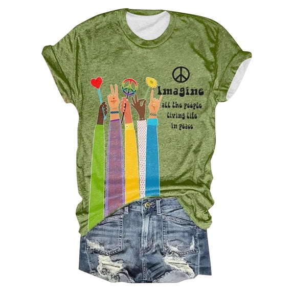 Womens Tops Retro Hippie Print Round Neck Short Sleeve Tee Spring Summer Shirts for Women Green Xl