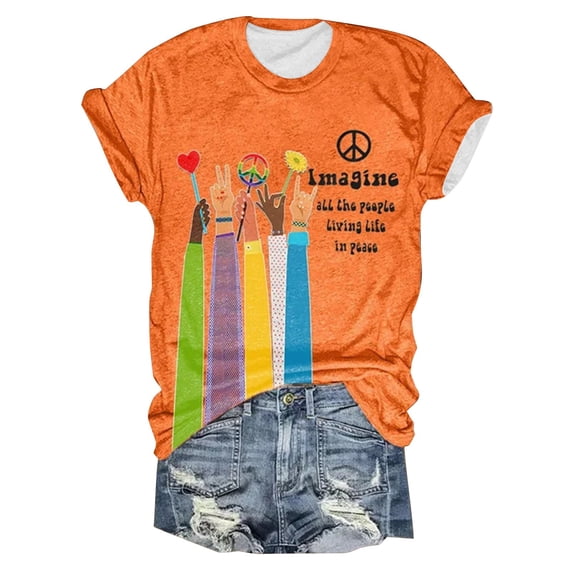 Womens Tops Retro Hippie Print Round Neck Short Sleeve Tee Spring Summer Shirts for Women Orange L