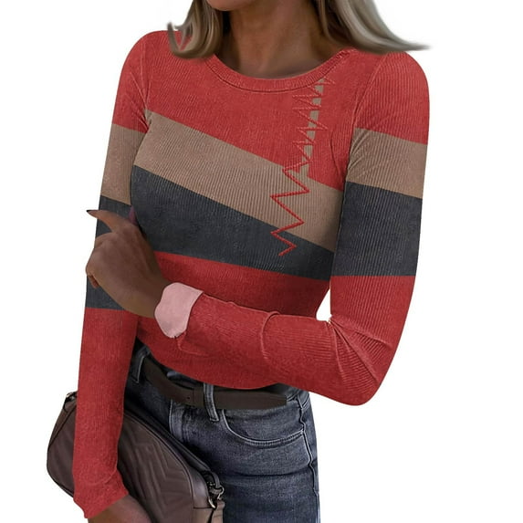 Womens Tops Ribbed Crew Neck Knit Slim Fitted Casual Basic Tee Shirts for Women Fashion Trendy