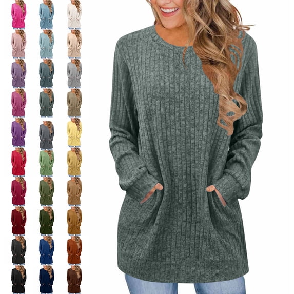 Womens Tops Ribbed Knit Crewneck Long Sleeve Tunic Sweater with Side Pockets Cozy Comfort Fit for Transitional Weather