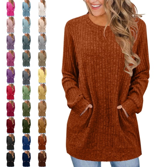 Womens Tops Ribbed Knit Crewneck Long Sleeve Tunic Sweater with Side Pockets Cozy Comfort Fit for Transitional Weather