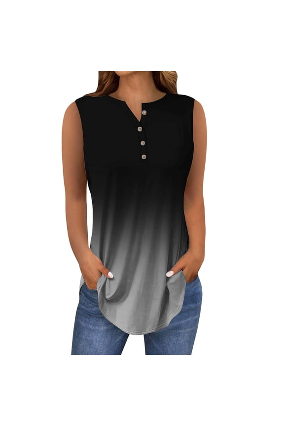 Womens Tops Round Neck Button Sleeveless Loose Tank Top Polyester Spandex Blended Thick Strap Solid Color Casual Summer Camisole 2Xl Size Tank Tops for Women