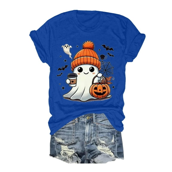 Womens Tops Round Neck Ghost Pumpkin Letter Graphic Print Short Sleeve Ladies Clothing,Blue,XL