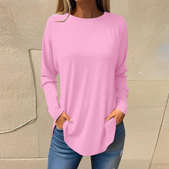 Womens Tops Round Neck Long Sleeve Solid Color Smocked Tops Pink S