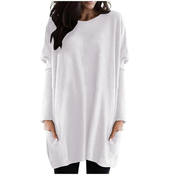 Womens Tops Round Neck Long Sleeve Tops Plus Size Lightweight Sweatshirts Loose Casual Blouses With Pockets Polyester Nylon Fiber Blend Stretchy Soft 2Xl Sweaters For Women
